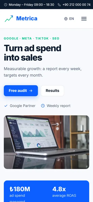 Metrica · Performance Marketing on a phone