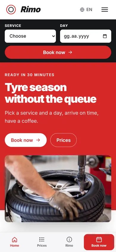 Rimo · Tyres & Quick Service on a phone