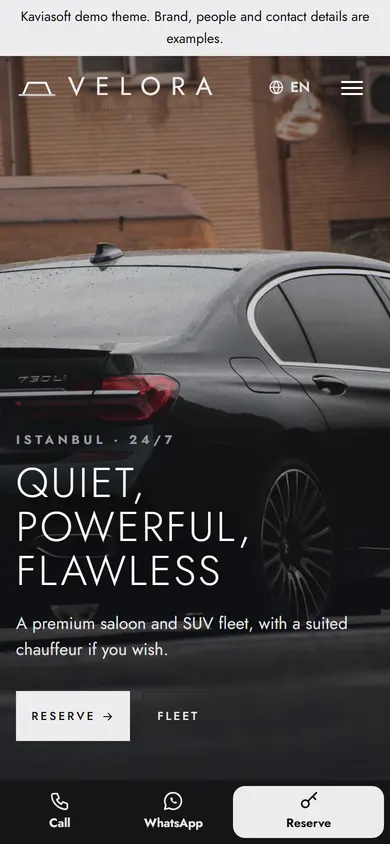 Velora · Premium Fleet & Chauffeur on a phone