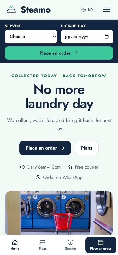 Steamo · Door-to-door Laundry on a phone
