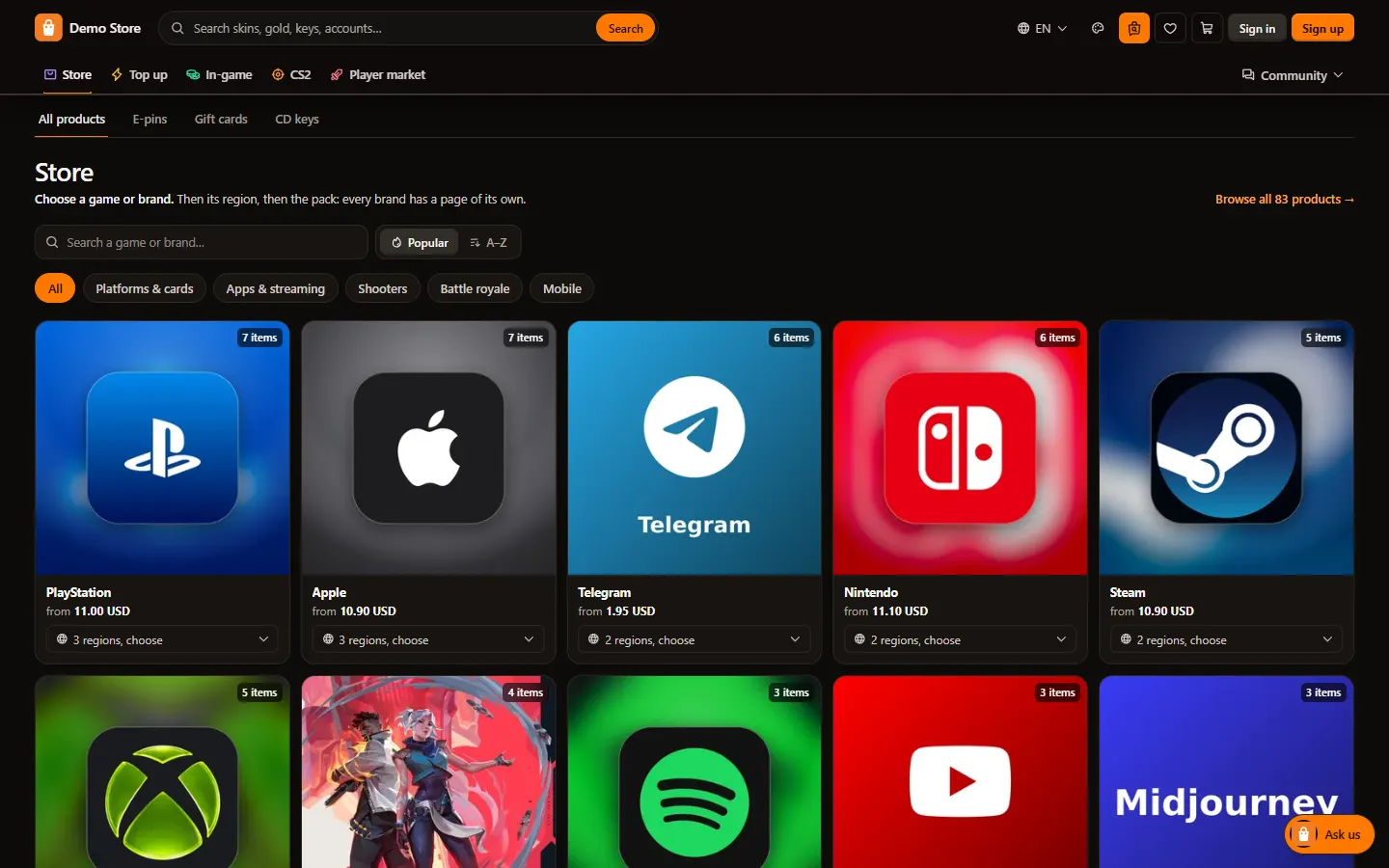 Demo store: product catalog