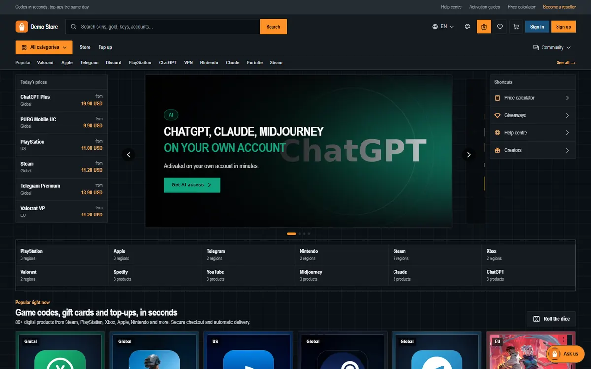 Demo store home page in theme V3 · Dark classic