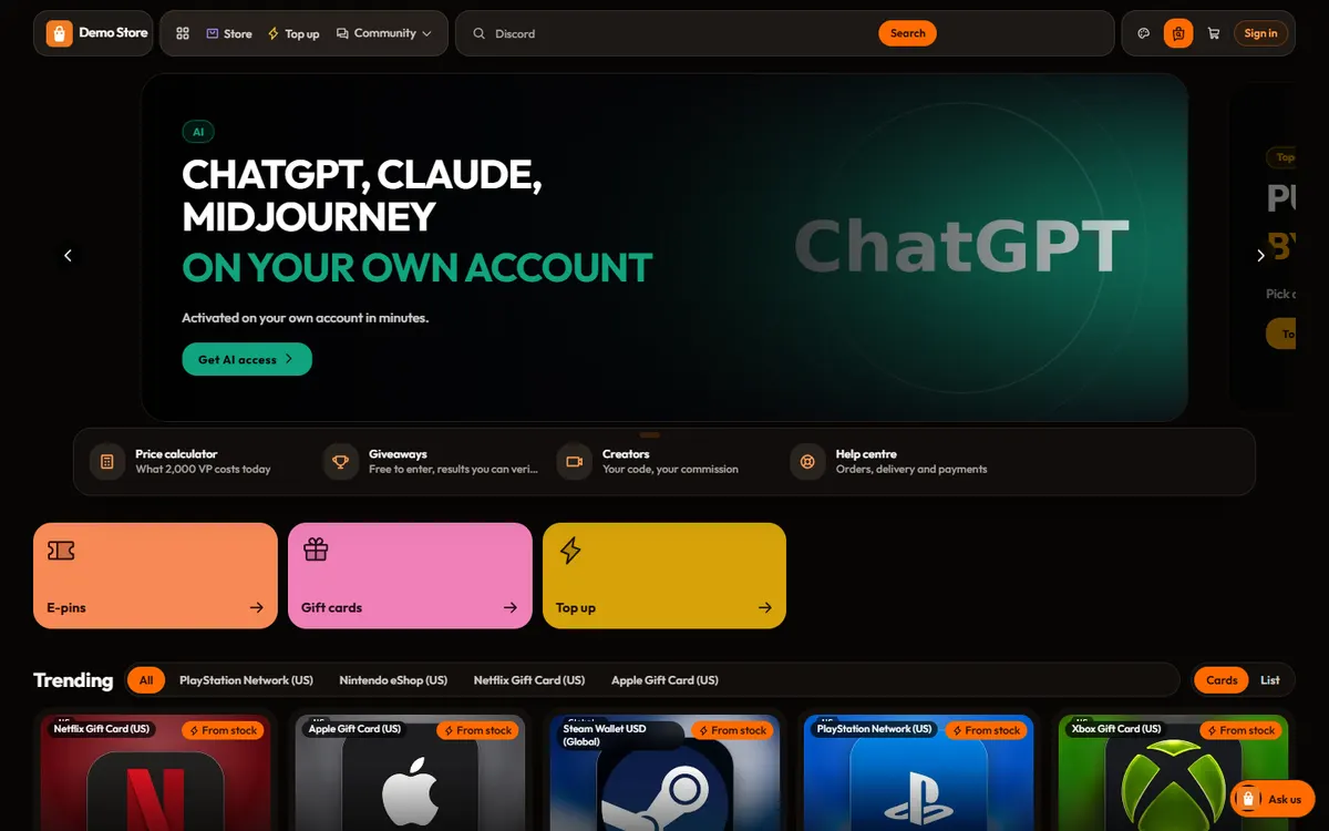 Demo store home page in theme V6 · Modern