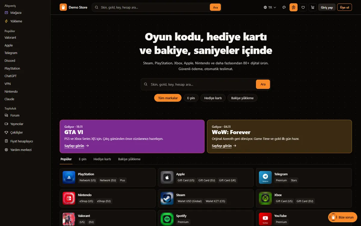 Demo mağaza ana sayfası, tema V5 · Pazar yeri